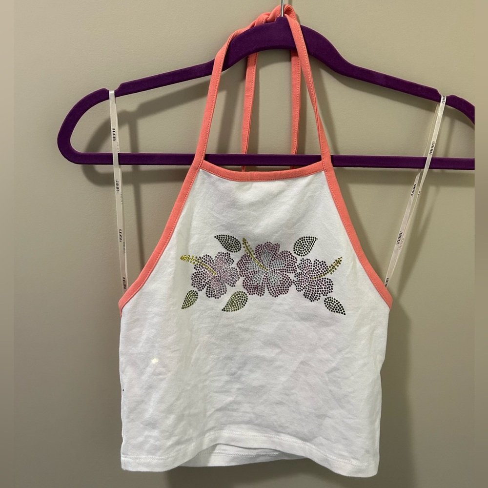 White Hawaiian Floral Halter Tank Top